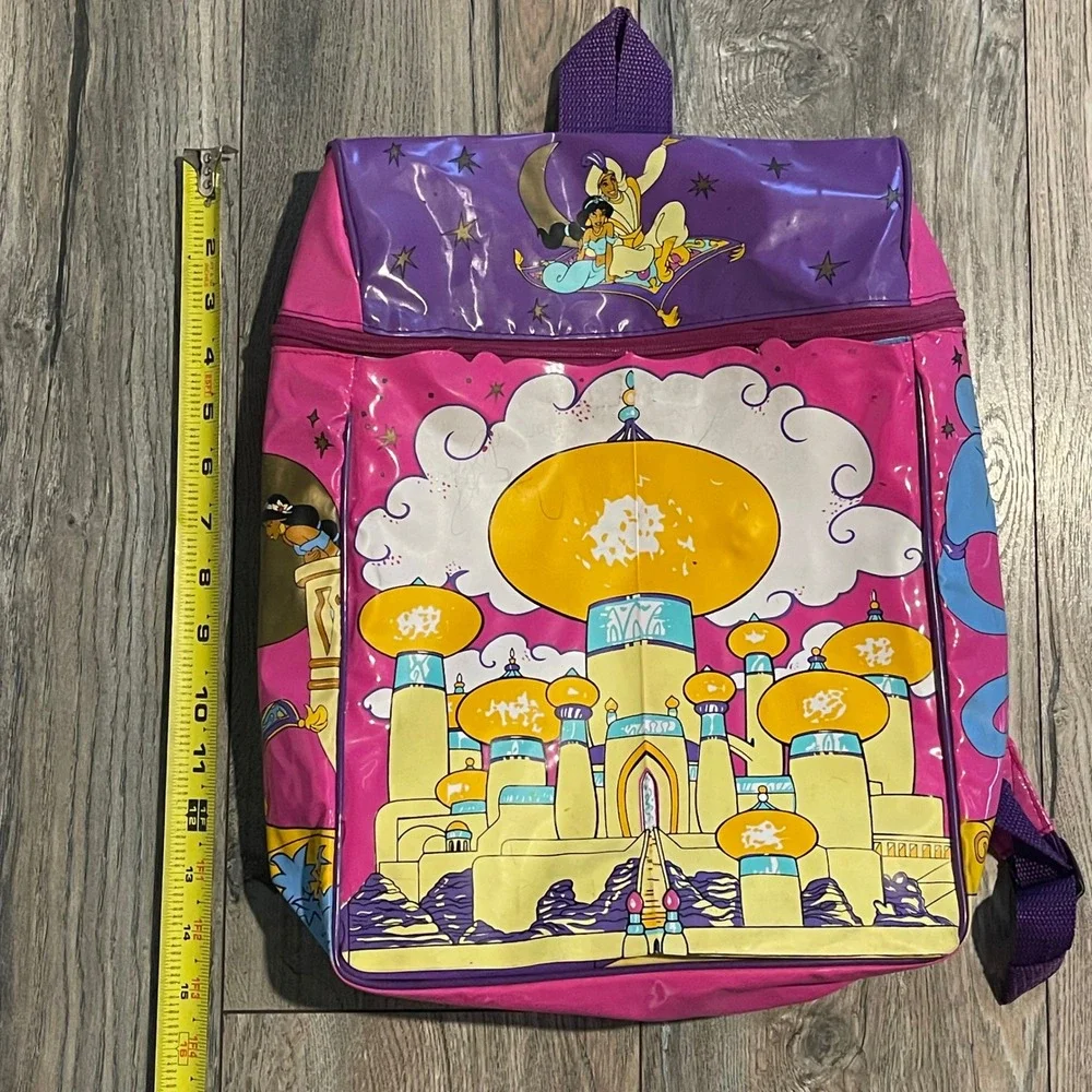 Vintage Disney Aladdin‎ Jasmine Genie Pink Purple Vinyl Backpack 90s Kids Bag